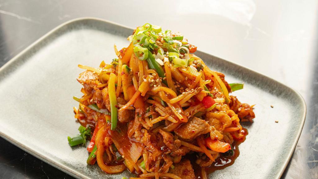 제육볶음 Jeyook Bokum · Stir fried vegetables and spicy pork in sweet chili sauce. comes with white rice
