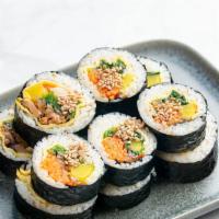 김밥 Kimbap · Dried seaweed paper wrapped Korean rice rolls w/ sauteed vegetables, egg, & choice of your t...