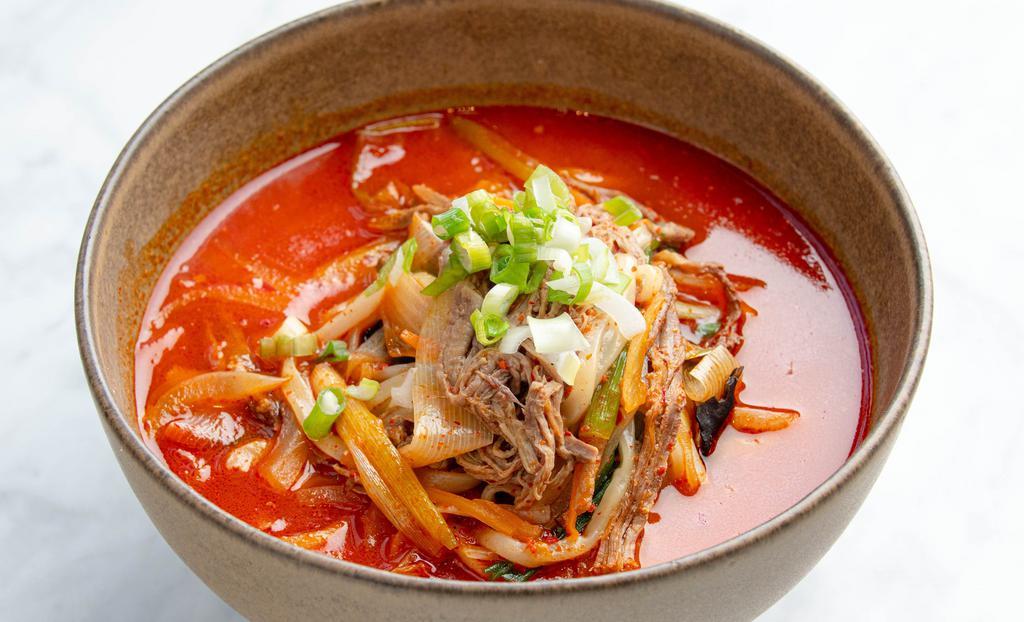 육개장칼국수 Yookgaejang Kalguksu · 24oz. Hand-pressed noodle w/ vegetables & shredded beef in beef broth. noodle comes on the side. spicy