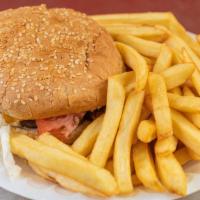Cheese Burger Deluxe · With lettuce, tomato, ketchup, mayo, cheese and French fries.