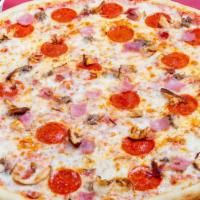 Small Meat Lover Specialty Pie · Tomatoes sauce, pepperoni, smoked bacon, sweet Italian sausage, ham, meatballs, and mozzarel...