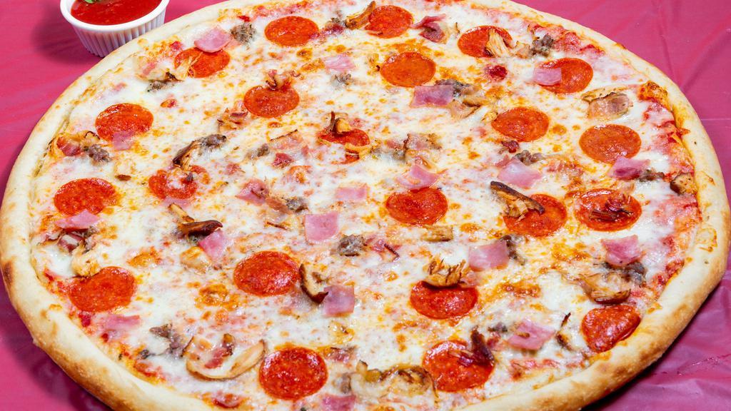 Small Meat Lover Specialty Pie · Tomatoes sauce, pepperoni, smoked bacon, sweet Italian sausage, ham, meatballs, and mozzarella.