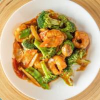 Shrimp With Mixed Vegetables / 杂菜虾 · Brown sauce. Served with white rice.