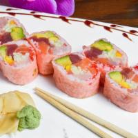Valentine'S Roll · Crunch spicy tuna, mango, avocado, cucumber wrapped with soybean paper, spicy mayo and masago.