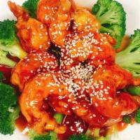 Sesame Shrimp · Spicy. Prepared spicy, breaded jumbo shrimp with hot brown sauce and steamed broccoli sprink...