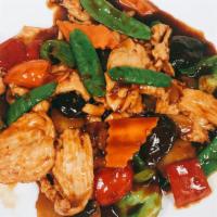 Capital Chicken · Spicy. Prepared spicy, tender white meat chicken with black mushrooms, red pepper, baby corn...