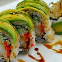 Green Dragon Roll (460Cal)  · shrimp tempura, cucumber, avocado on top and eel sauce