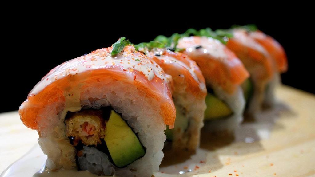 Volcano Roll (510Cal) · imitation crab, cucumber, avocado, and spicy tuna on top
