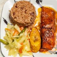 Salmon · Served with rice, vegetables, and plantain.