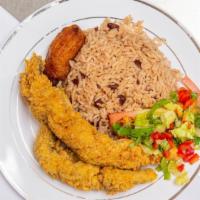Whiting · Served with rice, vegetables, and plantain.