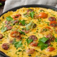 Mama Mia Omelette · Delicious Omelette cooked with 3 eggs and topped with Sausage, Peppers, Onions, and Mozzarel...