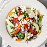 Lrg Toscana Insalate · Arugula, sliced pears, roasted peppers, goat cheese, red onions, dressed in a aged balsamic ...