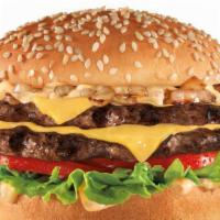 Double Cheese Burger · 2 Meat Patty Topped with Slice of American Cheese, Lettuce, Tomato, Onion, Pickle, Mayonnais...