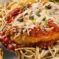 Spaghetti With Chicken Parmigiana · Spaghetti, Chicken Breasts, Marinara Sauce, Mozzarella Cheese.
