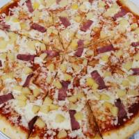 Hawaiian Pizza · Homemade Sauce, Mozzarella Cheese, Pineapple, Turkey Bacon.