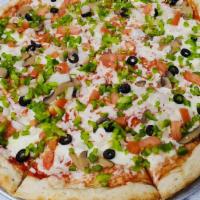 Veggie Lover Pizza · Homemade Sauce, Mozzarella Cheese, Onion, Mushroom, Olives, Green Pepper, Tomato.