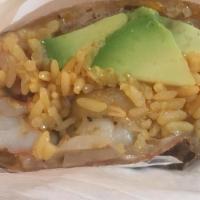 Shrimp Burrito · Grilled shrimp, pico de gallo, rice, melted Jack, cheddar cheese sliced avocado, sauteed oni...