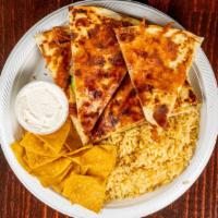 Bbq Steak Quesadilla · BBQ steak, cheddar cheese in and out, and sliced avocado. All quesadillas are served with ri...