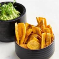 Guacamole · Served with naturally gluten-free plantain chips vegan.