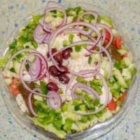 Greek Salad · Iceberg lettuce, cucumbers, green peppers, tomatoes, olives, radishes, Bermuda onions, feta ...