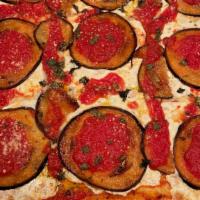Grandma Melenzane Pizza · Sicilian style fried eggplant, fresh mozzarella, plum tomato and fresh basil.