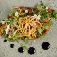 Chicken Bruschetta · grilled or crispy cutlet topped with a cool salad of arugula, tomato, fresh mozzarella, red ...
