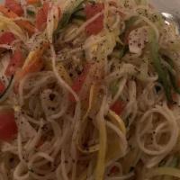 Angel Hair Primavera · Julianne zucchini, squash and carrots with roma tomatoes and roasted garlic EVOO and shaved ...