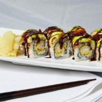 Angel Roll · Shrimp tempura, Cucumber and eel Avocado on top with eel Sauce.