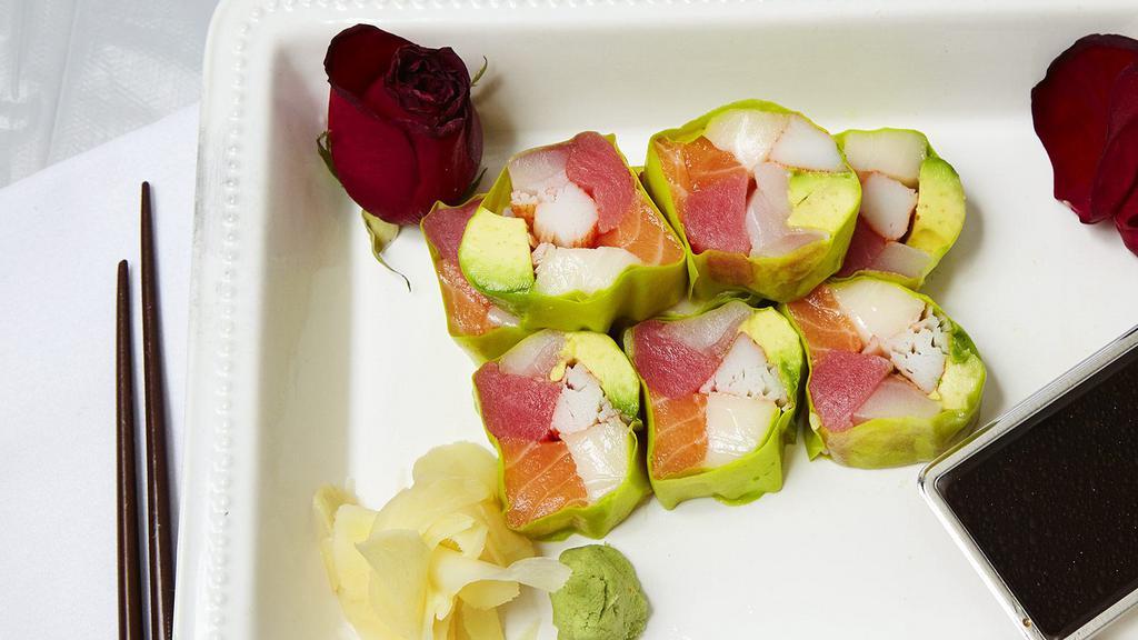 Sashimi Special Roll · Tuna, salmon, white tuna, white fish, crab-meat, avocado, wrapped with soybean paper, wasabi yuzu sauce, no rice.