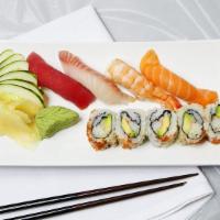 Mini Sushi Combo · Four pieces of sushi and eight pieces of California roll.