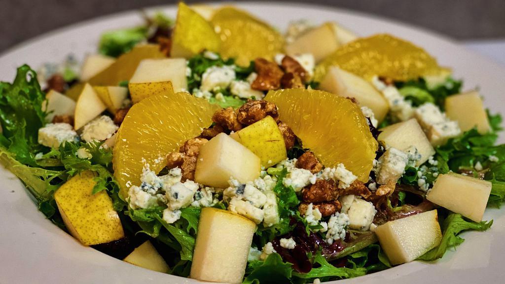 Pear And Orange · Assorted greens, bartlett pears, naval oranges, candied walnuts, gorgonzola cheese, tossed in a honey dijon vinaigrette
