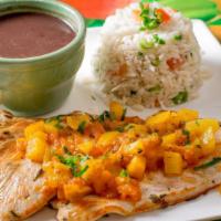 Buena Vista Pollo Plato · Pounded chicken breast with mango citrus salsa. Served with rice and beans.