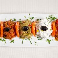 Mixed App Platter (Choice Of 5) · Choice of lebni, hummus, eggplant salad, pink queen, eggplant with sauce, spicy vegetables, ...