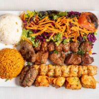 Mixed Kebab Platter For 2 · Combination of lamb shish, lamb Adana kebab, chicken shish, chicken Adana and meat patties.