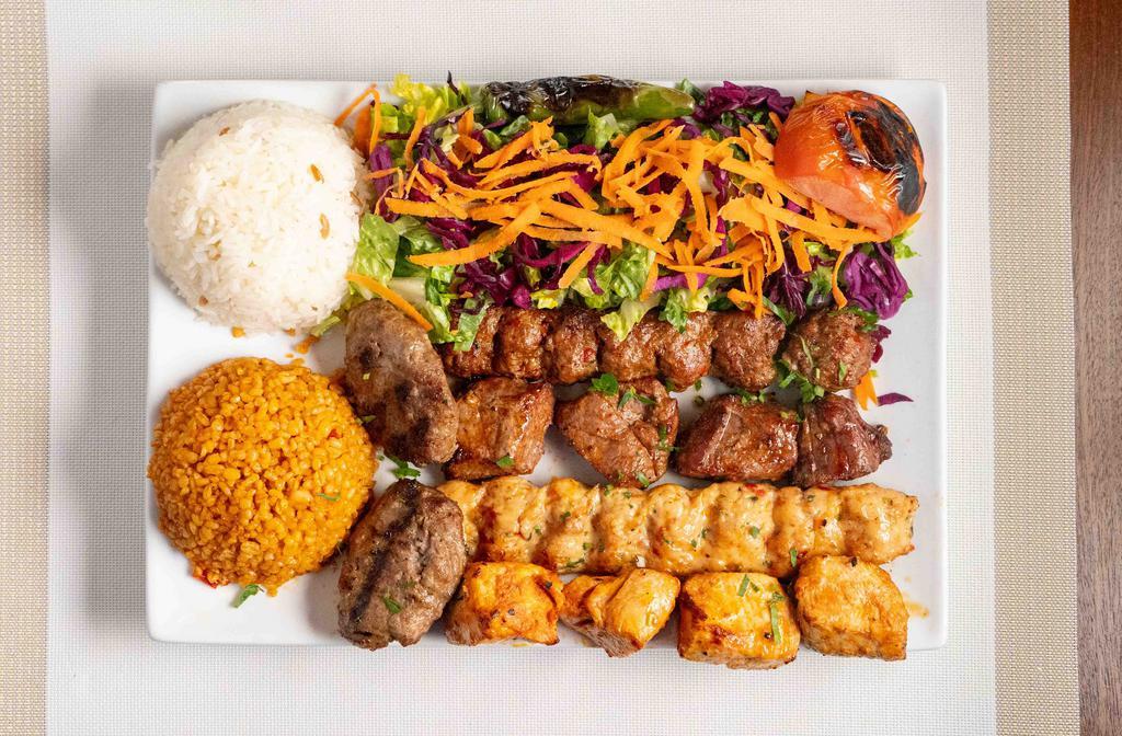 Mixed Kebab Platter For 2 · Combination of lamb shish, lamb Adana kebab, chicken shish, chicken Adana and meat patties.