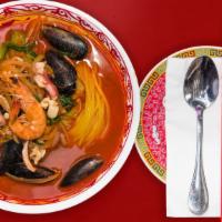 Jjampong · Spicy. Shanghai mong's signature spicy seafood noodle soup.