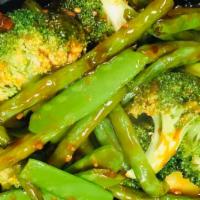 Triple Jade With Garlic Sauce · Hot & spicy. Snow pea, broccoli, string beans.