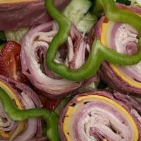 Chef'S Salad · Mixed Greens, Julienne of Turkey Roast Beef, Virginia Ham. Swiss Cheese, Garnished with Hard...