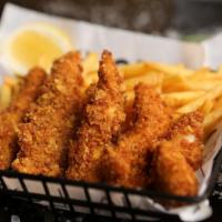 Chicken Fingers With Fries · Crispy golden chicken fingers with side french fries.