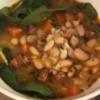 Tuscan Sausage Soup · carrot, white beans, spinach, leeks and red onion