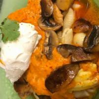 Hungarian Chicken Paprikash Stew · traditional Hungarian chicken stew with mushrooms, parsley, peppers, paprika, served with sh...