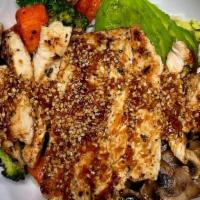 Chicken Teriyaki Bowl · All Natural Grilled Chicken, topped with Grilled Broccoli, Grilled Corn, Sautéed Onion, Avoc...