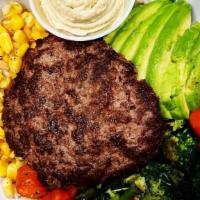 Burger Bowl W/ Hummus (Gf, V) · Grass Fed Beef Burger, topped with Grilled Broccoli, Grilled Carrots, Grilled Corn, Avocado,...