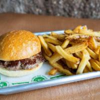 Kid'S Burger W/Fries · Grass Fed Beef Burger served on a Martins Potato Roll. Comes with Fresh Cut Fries.