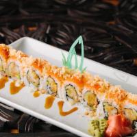 Spicy Crunchy Roll · Spicy. Raw. Choice of tuna, salmon or yellowtail with caviar on outside.