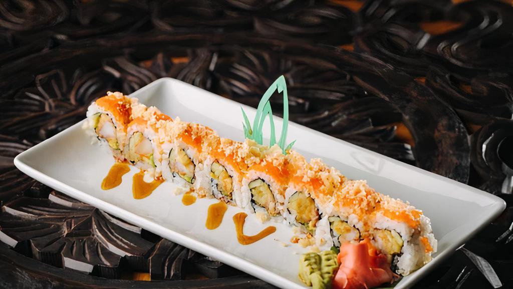 Spicy Crunchy Roll · Spicy. Raw. Choice of tuna, salmon or yellowtail with caviar on outside.