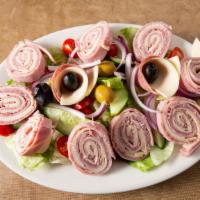 Chef Salad · Mixed greens with tomatoes, olives, red onions, cucumber topped with ham, salami and provolo...