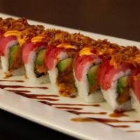 Princeton Roll · Spicy tuna, avocado, shrimp tempura topped with tuna, eel sauce and crunchies