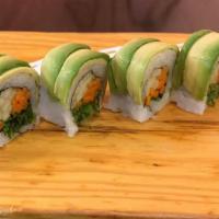 Vegan Dragon Roll · 🥦 (Vegan) Seaweed salad, cucumber and carrots inside top with avocado