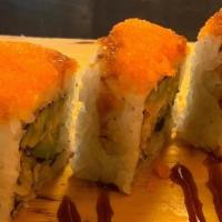 Soft Shell Crab Roll · Soft crab tempura, cucumber, avocado topped with masago, cut in 5 pieces with ell sauce